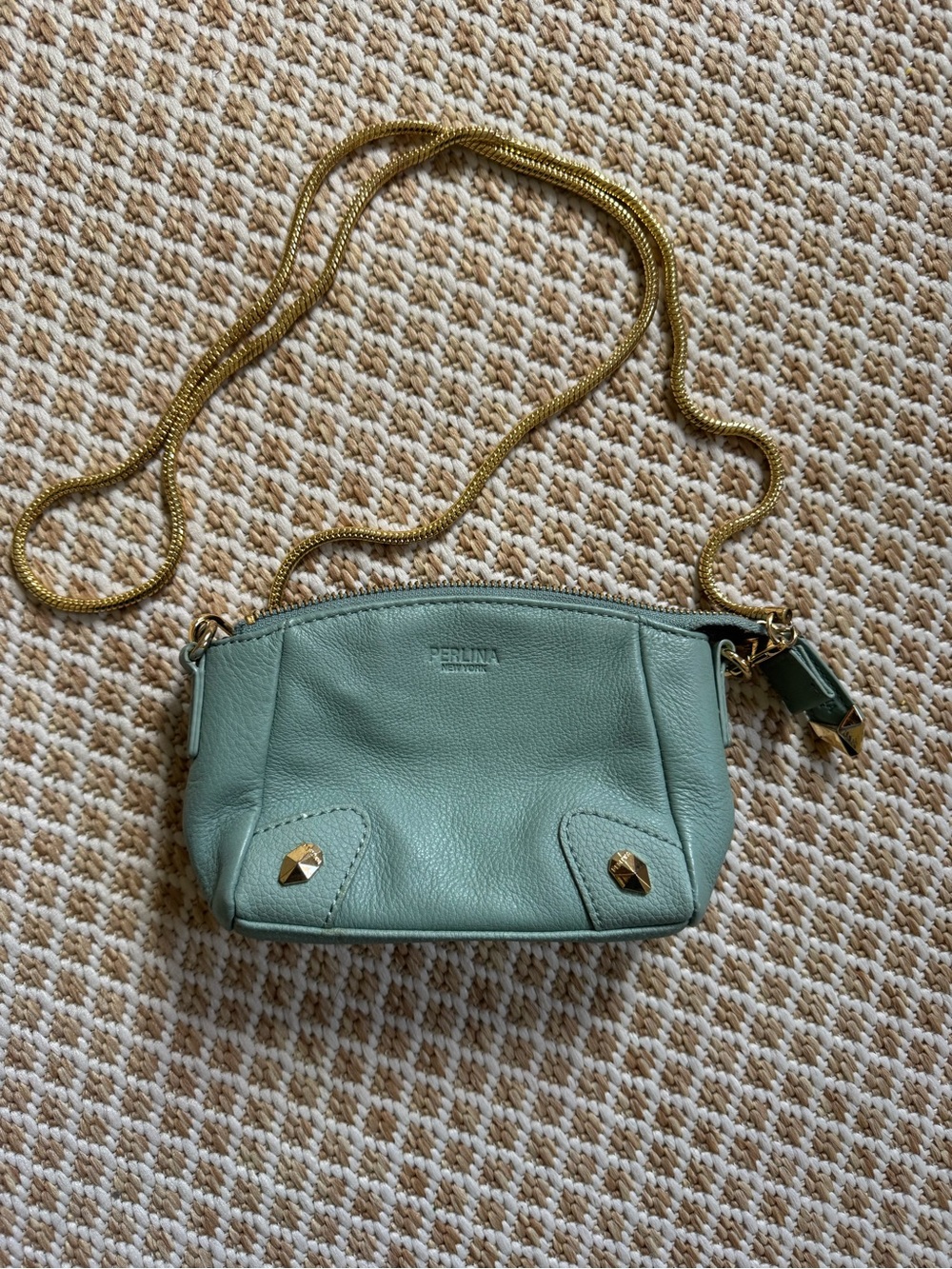 Perlina Seafoam Leather Crossbody with Gold Chain